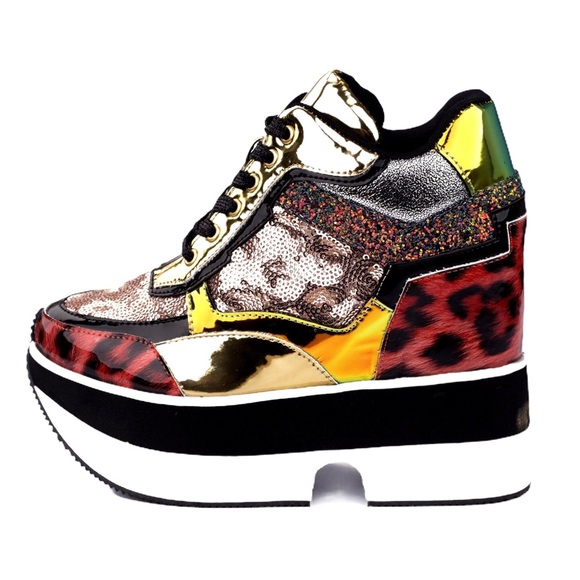 Sequin & Animal Print High Top Platform Sneakers - Picture 2 of 4